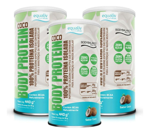 3x Body Protein 100% Proteina Equaliv Sabor Coco 440g