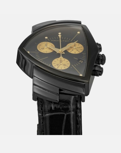 Reloj Hamilton Ventura L Chrono Quartz Unisex H24402730 Correa Negro Bisel Negro Fondo Negro