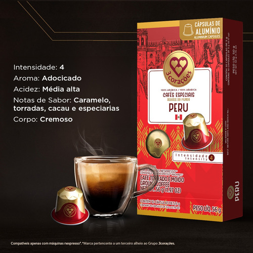 Capsula Peru Compat Nespresso 3 Corações 10 Unid