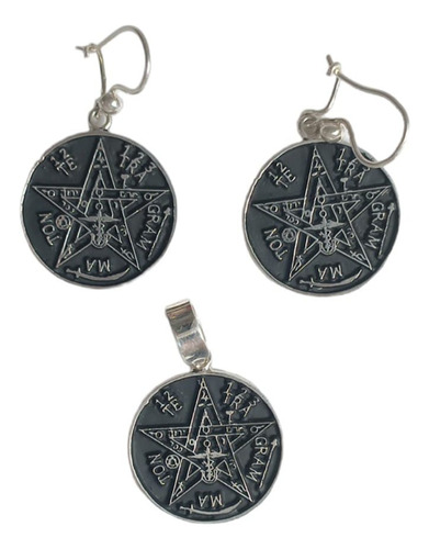 Juego Aretes Y Dije Tetragrammaton 2.5 Cms Diamet Plata 925 