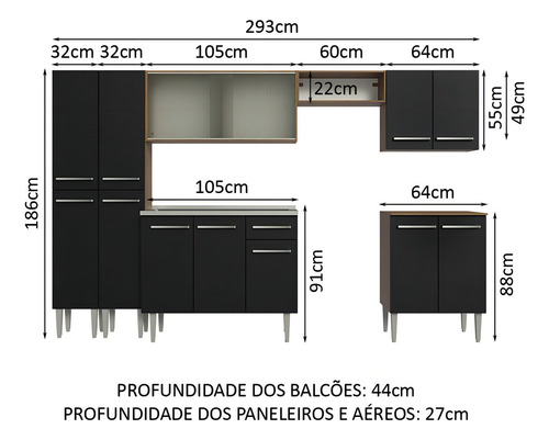 Armário Cozinha Completa 293cm Com Pia Emilly Madesa 06 Rp Cor Rustic/Preto