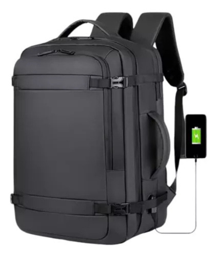 Mochila De Viaje Avion Viral Amazon Con Usb 35lts Expandible Negro Liso