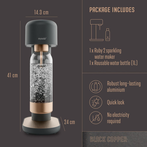 Máquina De Agua Carbonatada Ruby 2, 1 Litro, Negra Y Cobre