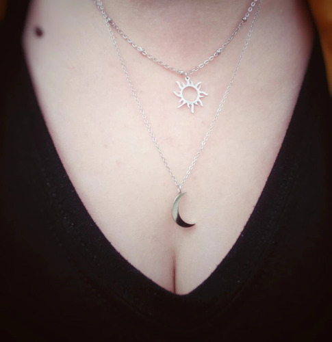 Collar Multicapa Mujer Doble Cadena Sol Y Luna Acero Plata