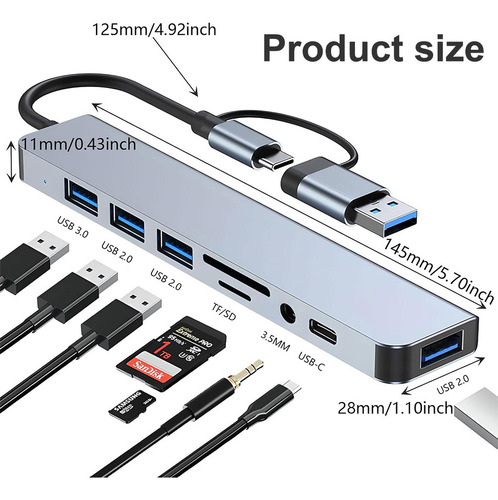 Hub Usb De Pc, Hub Usb C, Extensor Usb 8 En 1 Con 4 Puertos