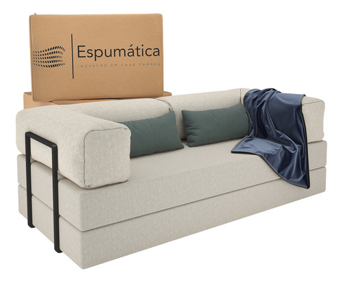 Colchão Casal 192cm Vira Sofá-cama 2 Lugares Bouclê Nude/bege Com Estrutura Metálica Estilo Nórdico Industrial Mod: Buble Caixa
