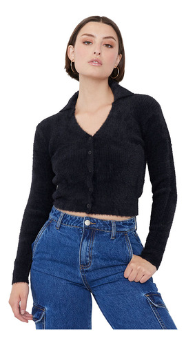 Sweater Mujer Cuello Polo Botónes Negro Corona