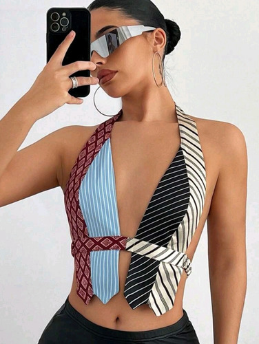 Top Y2k Tendencia Corbata Importada Estampado Descubierta