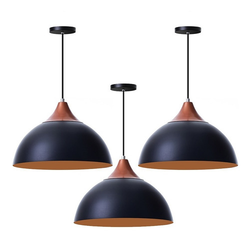 Lustre Pendente Meia Lua 30cm C/ Chapéu Alumínio Decorações Estrutura Preto Com Topo Cobre
