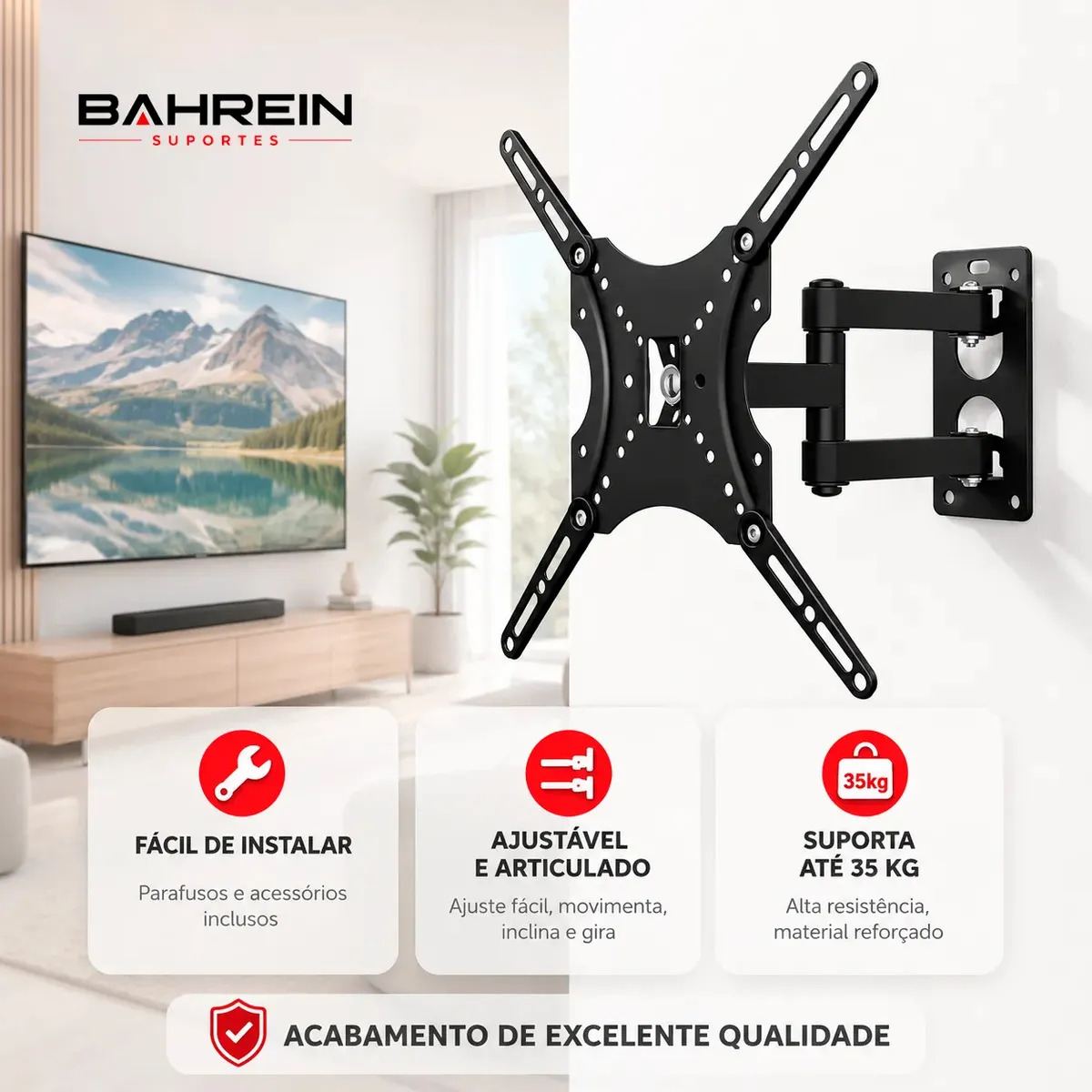 Suporte Articulado Bahrein para TV de 32" a 55" na Parede, com Inclinação e Giro 360° 5