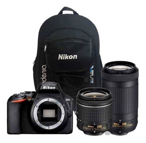 Nikon Kit D3500 + lente 18-55mm VR + lente 70-300mm + Mochila DSLR color negro