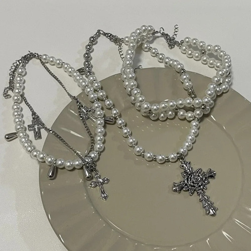 Collar Pearl Cross Con Cadena De Clavícula Multicapa Para Mu