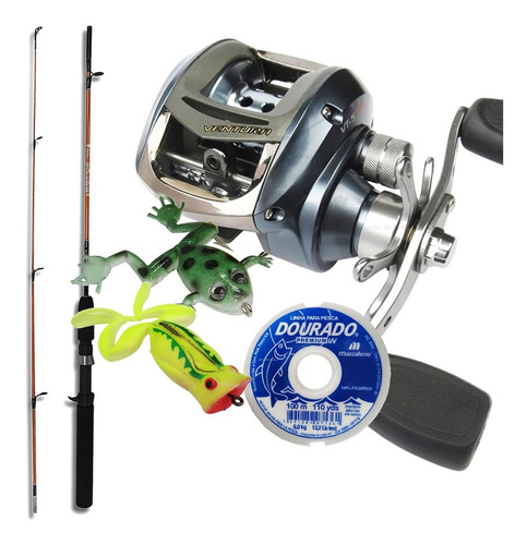 Kit Carretilha Ventura Vt5 Vara 10kg 1,60m Linha Mono 2 Frog