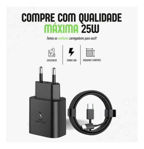 Carregador Turbo Tipo C Compativel Samsung Iphone 15 16 Pro Preto
