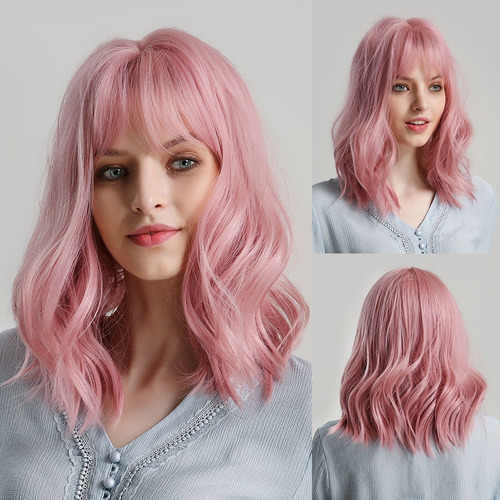 Imagen 1 de 8 de Peluca Rosa Bob Corta Cabello Sintética Cosplay Moda Mujer