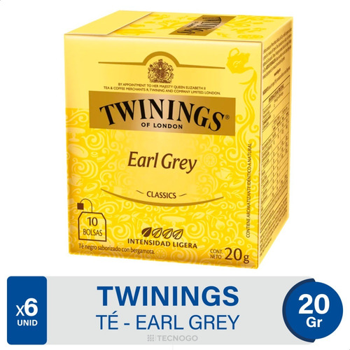 Te Negro Earl Grey Twinings - Pack X6 Cajas X10 Saquitos C/u