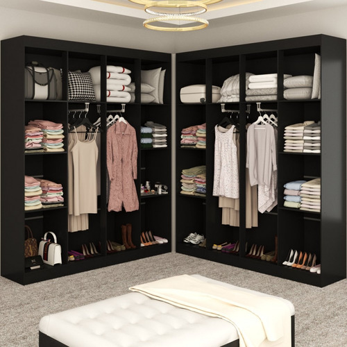 Closet Casal Em L Ele E Ela 4 Metros 16 Prateleiras Cor Preto