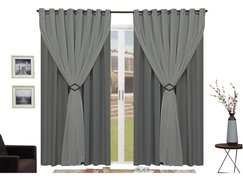 Cortina Preto 6,50x260 Moderna Blackout Em Tecido E Voal Cor Cinza Chumbo