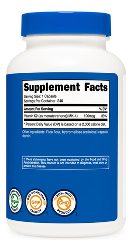 Suplemento Nutricost Vitamina K2 (mk4) 240 Cápsulas 100mcg