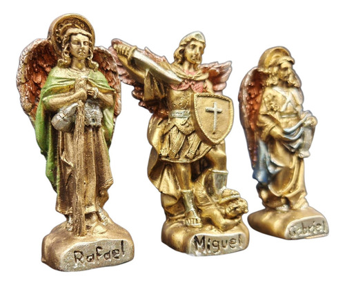 Set De 3 Arcángeles Rafael, Miguel Y Gabriel 9cm Dorado Oscuro