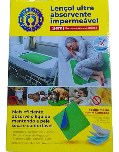 Lençol Absorvente Ortho Pauher Verde 90x80cm 2em1 Verde Liso