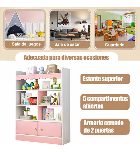 Librero Organizador Niños 5 Compartimentos Con Puertas Rosa