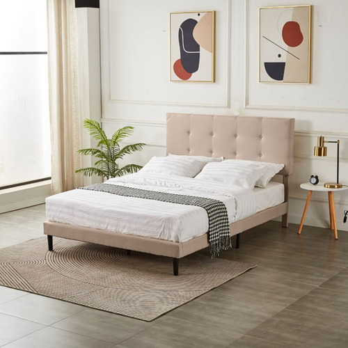 Base Para Cama King Size En Madera Con Cabecera De Lino Color Beige