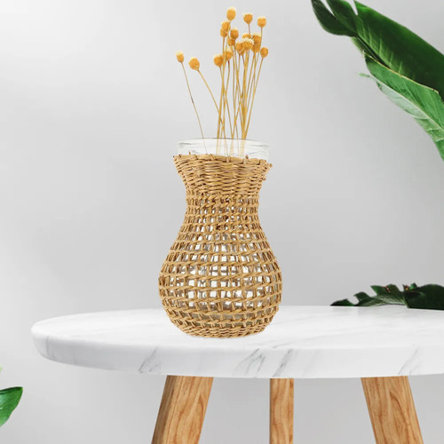 Jarrón De Vidrio Con Decoración Bohemio, Ratán, Hierba