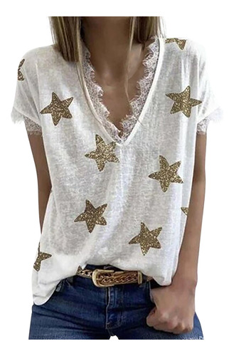 Camiseta Q Para Mujer, Cuello En V, Estampado De Estrellas,