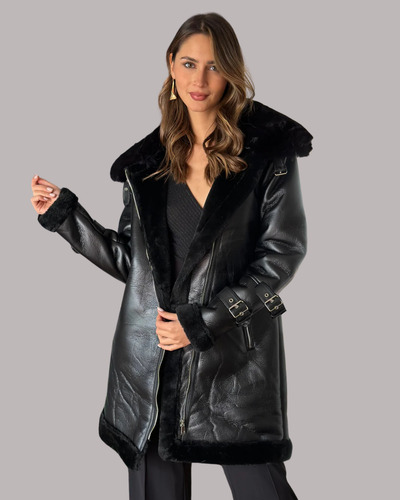 Tapado Gamulan Ecocuero Largo Mujer Elegante Para Fiesta