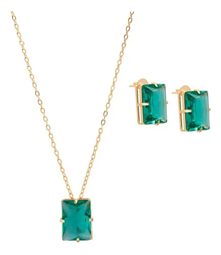 Conj Colar Brinco Pedra Fúsion Delicado Folheado Ouro 18k