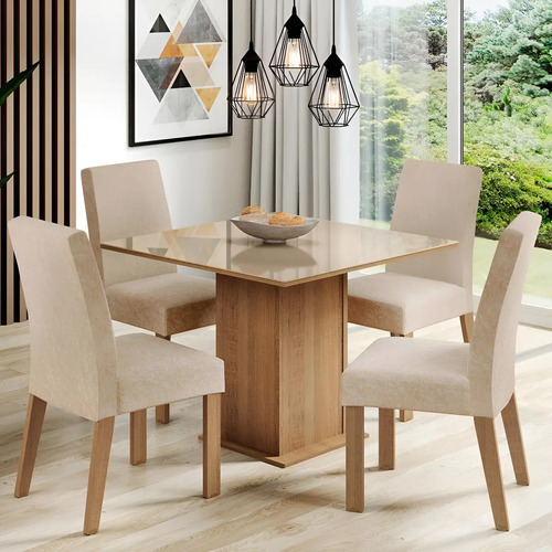 Sala De Jantar Estofada Madesa Evelin Mesa Tampo Vidro Com 4 Cadeiras Cor Rustic/Crema/Imperial MDJA0401037GSIM