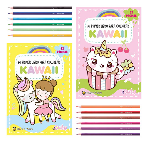 Kit 2 Libros Colorear Kawaii + 12 Lapices De Colores Filgo