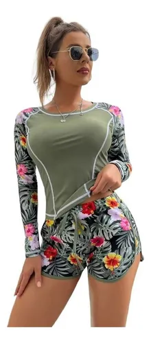 Traje De Ba o Dama 2 Piezas Tankini Top Manga Larga Shorts