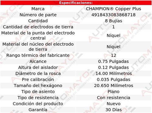 1 Kit 8 Bujías Cobre Champion Barracuda V8 4.5l 64-66