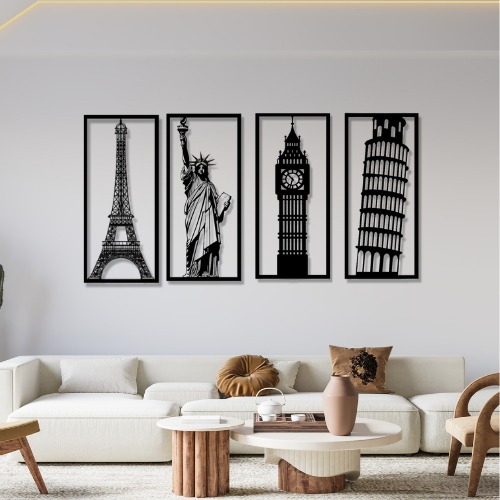 Cuadro Acero Monumento Eiffel Big Ben Libertad Pisa Set X4 