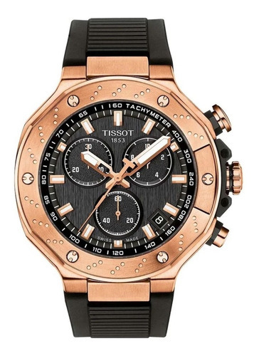 Relógio de pulso Tissot T-race chronograph com corria de silicone cor preto - bisel rosé