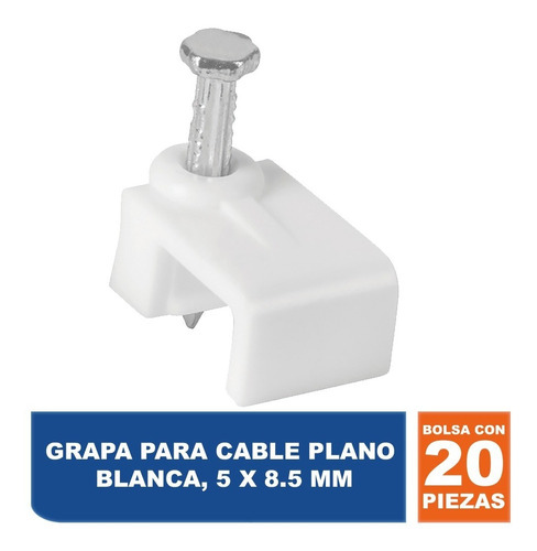 Grapa Para Cable Plano, 5 X 8.5 Mm, Blanca, 20 Piezas  48278