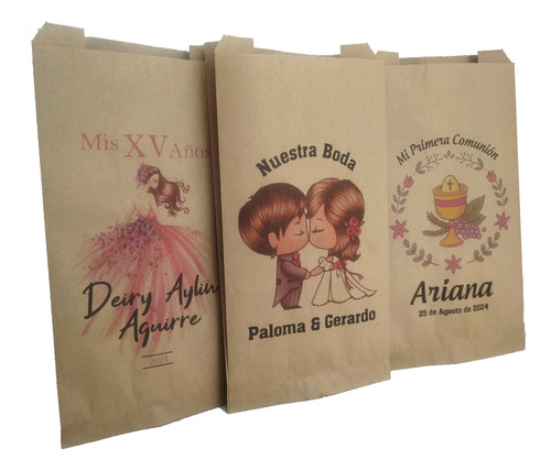 50 Pzas Bolsa Kraft Personalizada Recuerdo Ecologica 30x16cm