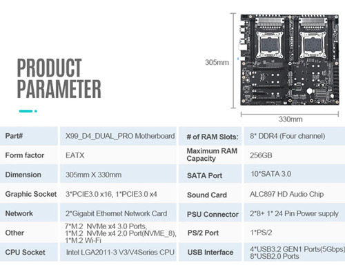 Placa Mae Jingsha Js99 D4 X99 Dual Cpu Raid 7x Nvme