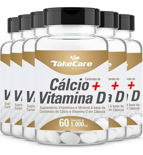 Calcio Com Vitamina D3 1000mg 60cps Take Care Kit 6 Potes