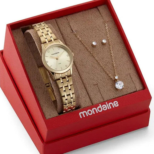 Kit Relógio Mondaine Dourado Com Semijoia 32610lpmkde1k1