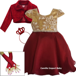 vestido de daminha vermelho com dourado