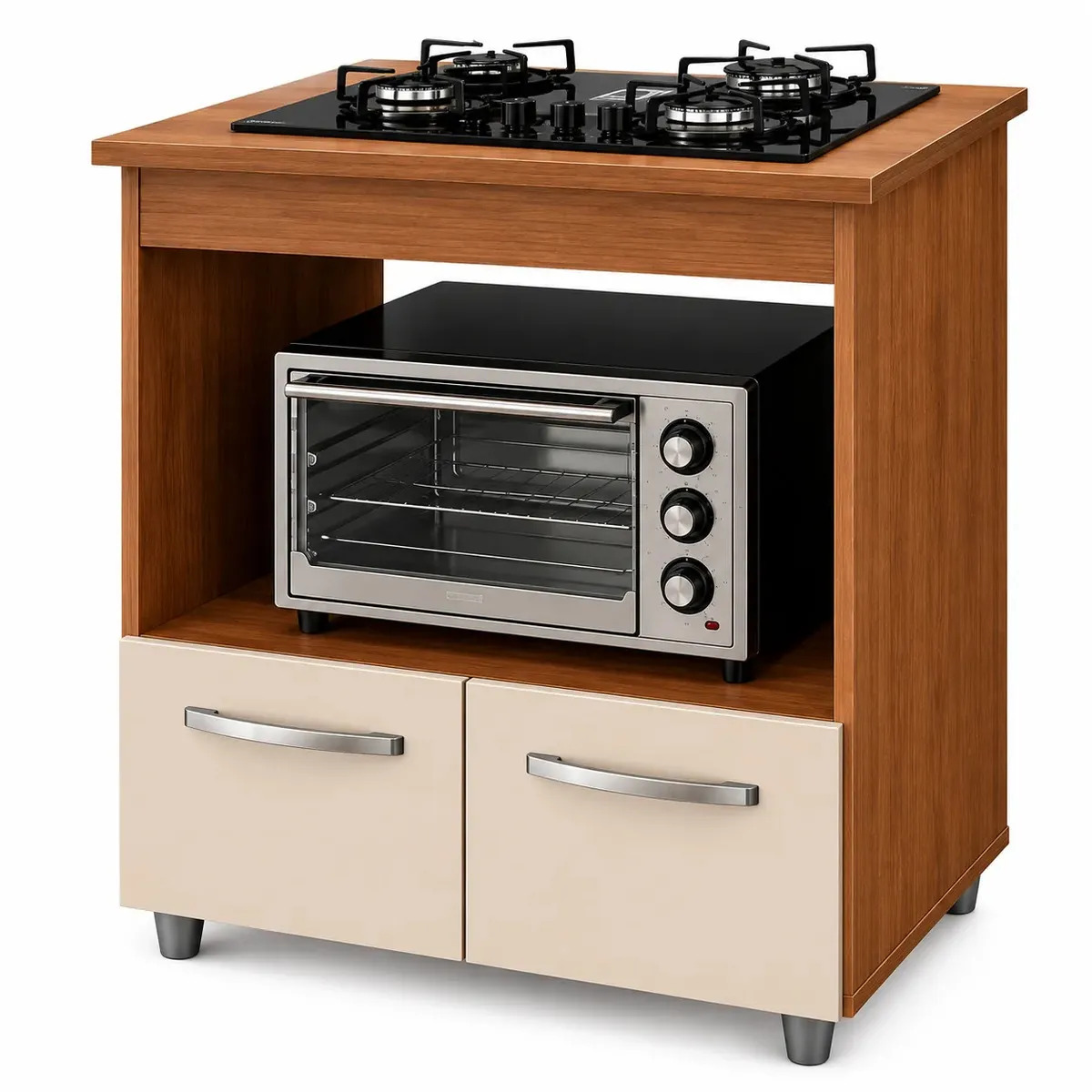 Balcão Para Fogão Cooktop Bella 4 Bocas Mdp 2 Portas 75cm Forno Microondas Compacto Savana Off White Moderno