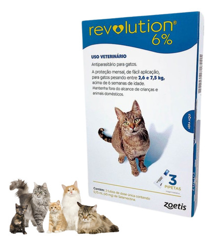 Revolution Para Gatos De 2,6kg A 7,5 Kg Zoetis C/ 3 Pipetas