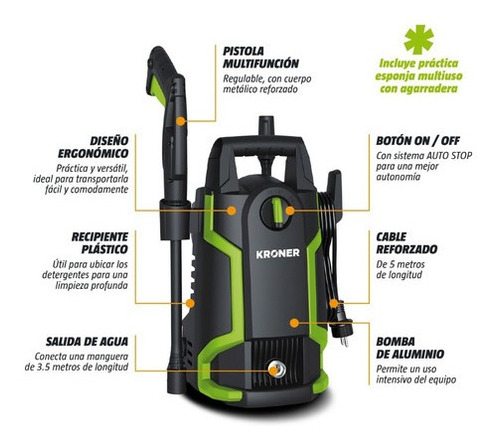 Hidrolavadora Kroner 1400 W Auto Stop 105 Bar Acc + Esponja Color Negro/Verde Frecuencia 50 Hz