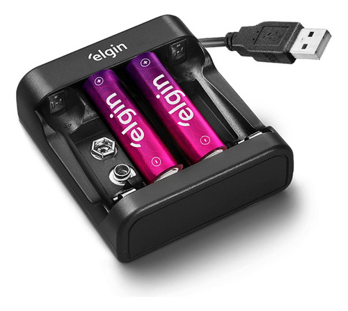 Carregador De Pilhas Usb Com 2 Pilhas Aa 1500 Mah Elgin