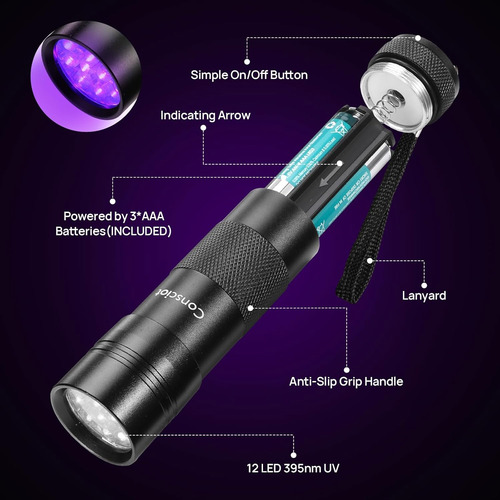 Linterna Uv De Luz Negra, Consciot 12 Led 395nm Ultravio...