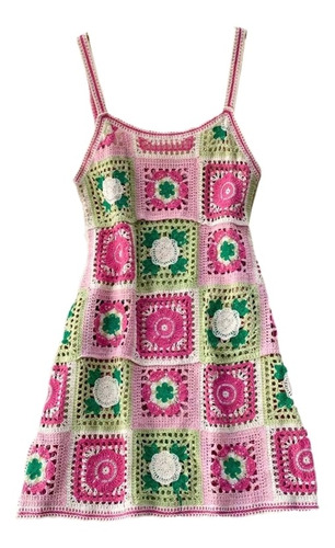 Vestido Sling Punto Crochet Aguja Hueco Rosa Marea