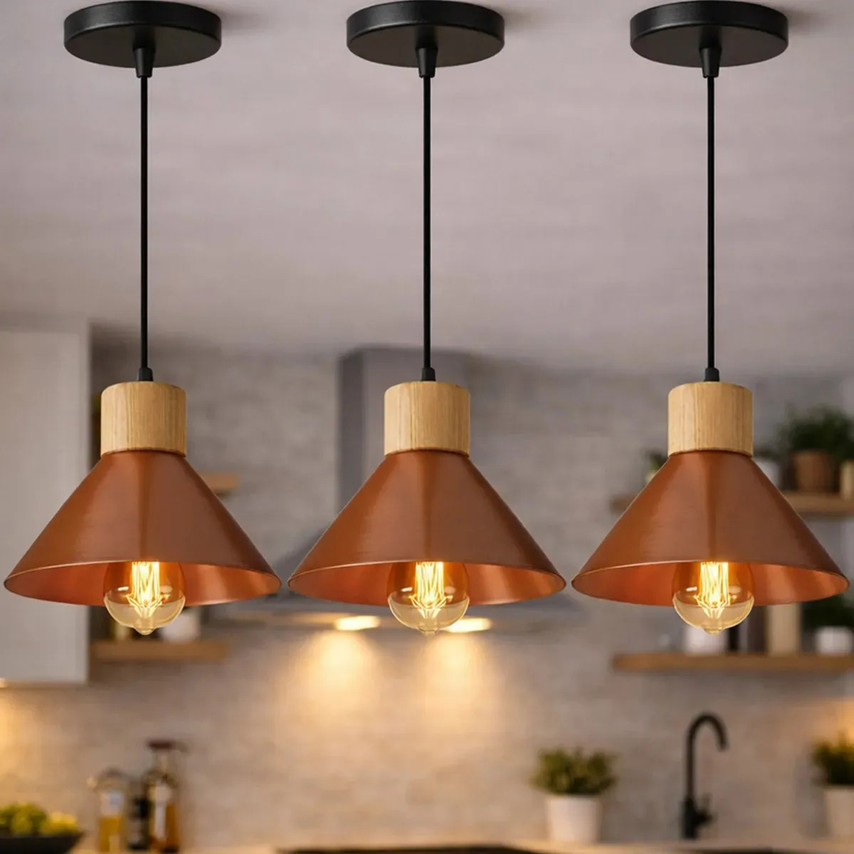 Kit 3 Lustre Pendente Luminária De Teto Moderna Para Sala Cozinha Balcão Escritório - Cor Cobre - Bivolt Mesa de Jantar